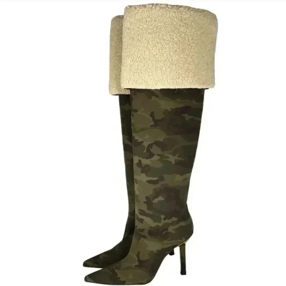 Good American Tall Boots Scuba Material Shearling Heeled Kick Stand Camo Green 7
